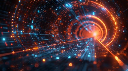 Obraz premium Digital Abstract Background with Glowing Particles and Light Trails in a Sci-Fi Tunnel Concept, Ideal for Tech and Futuristic Themes in Visual Media and Designs