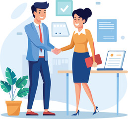 People shaking hands at work - Two businesspeople, man and woman doing handshake in office at work while smiling over business agreement and deal. Flat design stock illustration on white background