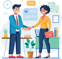 People shaking hands at work - Two businesspeople, man and woman doing handshake in office at work while smiling over business agreement and deal. Flat design stock illustration on white background