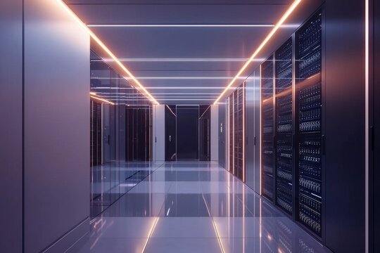 A modern data center room with sleek server racks in a clean design