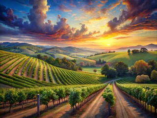Naklejka premium Captivating Vineyard Landscape in Watercolor: A Serene View of Rolling Hills, Lush Grapevines, and a Tranquil Sky at Sunset