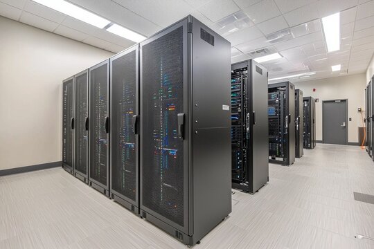 A modern data center room with sleek server racks in a clean design