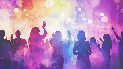 Colorful silhouettes of people celebrating with drinks in vibrant atmosphere, creating joyful and festive mood. background features blend of bright colors and soft bokeh effects
