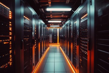 A modern data center room with sleek server racks in a clean design