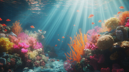 Fototapeta premium Vibrant Underwater Coral Reef Scene with Sunlight Beams and Tropical Fish in a Colorful Marine Paradise