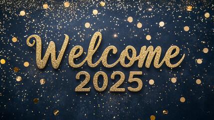 Welcome 2025 in glittery typography on dark background with confetti creates festive atmosphere for New Year celebrations