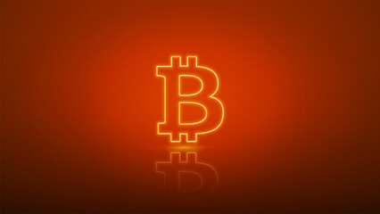 Bitcoin glowing neon sign. Concept shine bitcoin exchange and payment. Cryptocurrency symbol on bright orange background.