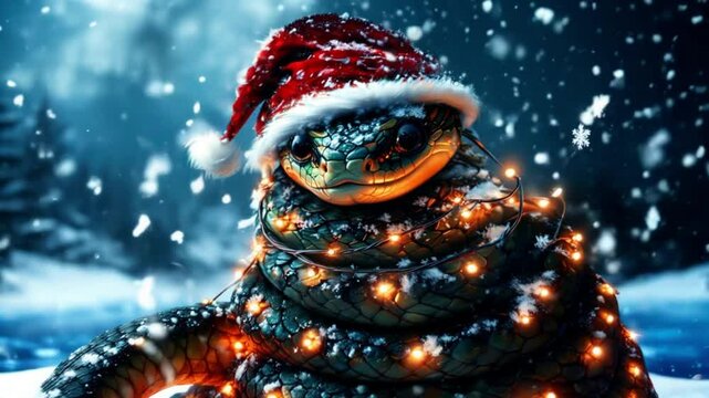 A Charming and Festive Turtle Wearing a Colorful Christmas Hat with Bright Lights Displayed