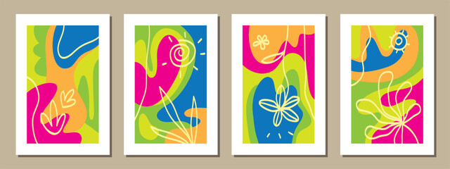 Set of posters with elements of fruits, plants and abstract shapes, modern graphic design. Liquid abstract shapes. Perfect for social media, poster, cover, invitation, brochure. Isolated vector