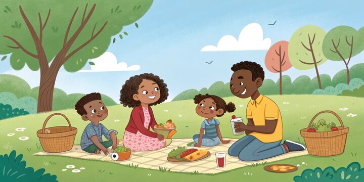 Illustration depicts a cheerful family of four having a delightful picnic in a lush green park, surrounded by wicker baskets filled with food and drinks