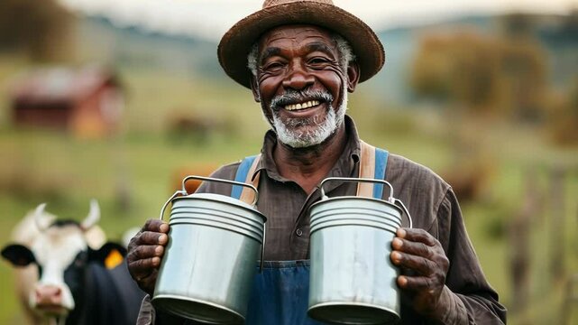 Joyful Farmer With Milk Cans on Rustic Farm