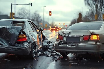 Obraz premiumA car accident with two cars, one is gray and the other silver, they have visible dents on their doors and frontStudents .