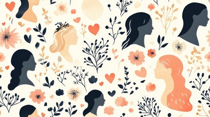 Watercolor pattern with women's silhouettes and floral elements.