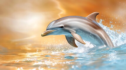 Fototapeta premium The sleek, silver grey dolphin gracefully glides through the crystal clear waters, its streamlined body effortlessly slicing through the waves as it playfully flips and twirls
