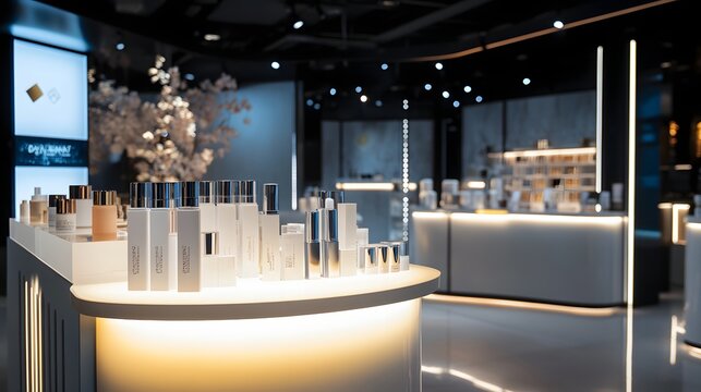 43. A high-end cosmetics display area with soft lighting and a sleek pedestal, waiting for a product