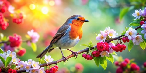 Charming RougeGorge Bird Perched on a Branch Surrounded by Lush Greenery and Colorful Blooms in a Sunny Spring Garden, Captured with High Depth of Field for Vibrant Details