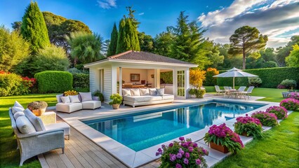 Fototapeta premium Charming White Pool House Surrounded by Vibrant Flowers, Lush Grass, and Magical Trees, Featuring Cozy Outdoor Seating, a Small Pool, and Blue Striped Sofas for Ultimate Relaxation