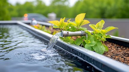 The rainwater harvesting system consists of a large water tank capable of holding thousands of gallons of rainwater collected from the roof through a network of gutters and downspouts