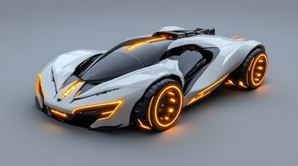 Naklejka premium Futuristic Sports Car White Concept Orange Lights Sleek Design 3D Render