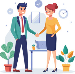People shaking hands at work - Two businesspeople, man and woman doing handshake in office at work while smiling over business agreement and deal. Flat design stock illustration on white background