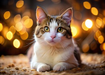 Adorable White and Brown Male Cat with Yellow Eyes and Pink Nose Relaxing on the Ground in a Cozy Setting, Capturing the Essence of Feline Charm and Playfulness