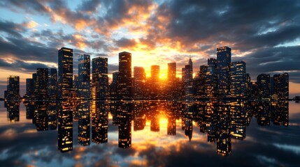 Obraz premium Stunning Cityscape Sunset Reflection Modern Buildings Skyscrapers Urban Landscape