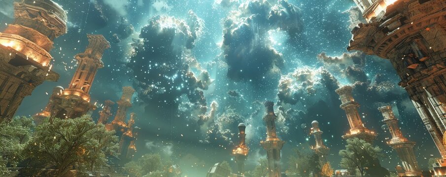 Amidst the floating islands of Etheria, a mystical society harnesses dark matter to defy gravity A grand library suspended in the air exudes an ethereal glow, showcasing