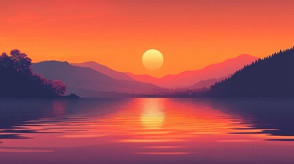 Obraz premium Sunset over a lake with mountains and trees in the distance