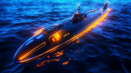 Fototapeta premium Futuristic Submarine Ocean Night Underwater Technology