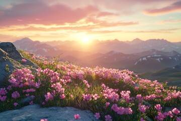 Obraz premium A mountain landscape with pink flowers and a dramatic sunset