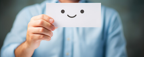 A person holding a card with a smiling face in a relaxed setting, showcasing positivity and engagement during a casual moment