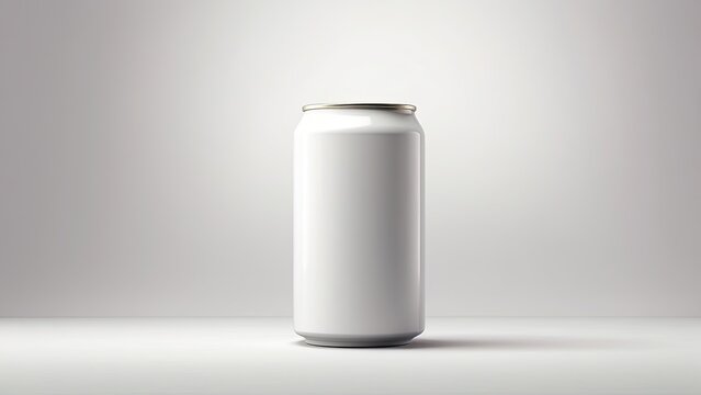 In front of a white backdrop, a blank can is grasped and ready to accept your design. You are now able to customize this image.-