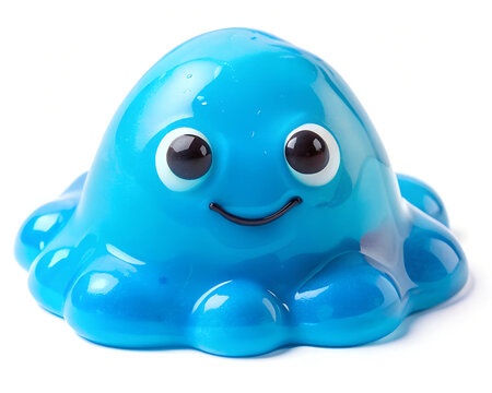 A playful, bright blue slime toy with a glossy finish, featuring big, friendly cartoonish eyes and a cheerful smile. Perfect for children's fun and creativity