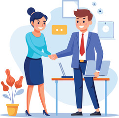 People shaking hands at work - Two businesspeople, man and woman doing handshake in office at work while smiling over business agreement and deal. Flat design stock illustration on white background
