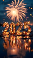 Happy New Year 2025 made of sparkles firework at night background