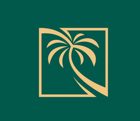 Obraz premium Tropical summer palm beach tree icon for resort or hotel and SPA salon, vector emblem. Palm tee on paradise island sign for vacation and travel agency, Hawaii restaurant or night club bar label