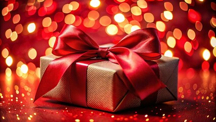Close-Up of a Beautifully Wrapped Gift with a Red Bow Against a Vibrant Red Background for Celebration Themes