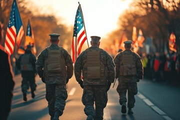 Veterans Day parade with military veterans marching, flags waving, supportive crowd showing gratitude, festive and respectful atmosphere
