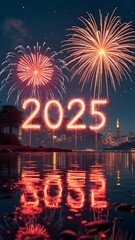 Happy New Year 2025 made of sparkles firework at night background
