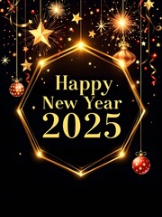 Happy New Year 2025 made of sparkles firework at night background