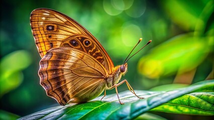 Obraz premium Close-Up of a Brown Butterfly Resting on a Green Leaf in Its Natural Habitat, Showcasing Intricate Details and Vibrant Colors in Macro Photography