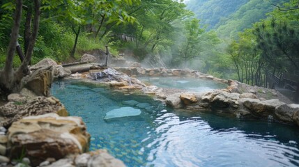 Naklejka premium Tranquil Hot Springs Nestled in Lush Greenery