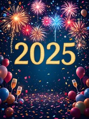 Happy New Year 2025 made of sparkles firework at night background