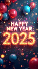Happy New Year 2025 made of sparkles firework at night background