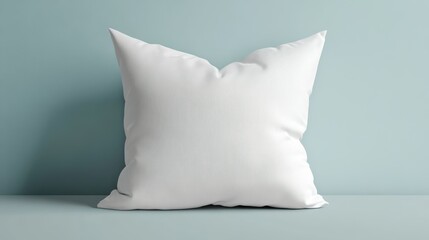 A single white pillow resting on a light blue surface