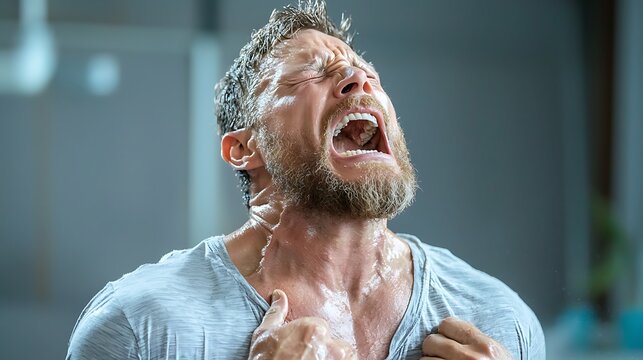 The man was consumed by overwhelming emotions, his heart pounding in his chest as he let out a guttural scream that echoed through the empty room, his desperation palpable and raw.