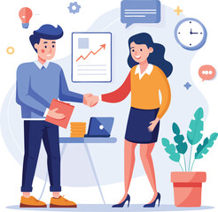 People shaking hands at work - Two businesspeople, man and woman doing handshake in office at work while smiling over business agreement and deal. Flat design stock illustration on white background