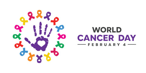 World Cancer Day. Hand, heart and ribbon. Great for cards, banners, posters, social media and more. White background. 