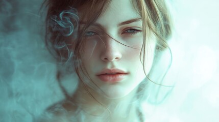 Fototapeta premium Close-up portrait of a woman with wispy smoke surrounding her face