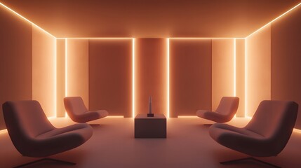 50. A sleek, contemporary lounge with plush chairs, soft lighting, and an empty pedestal to place a product
